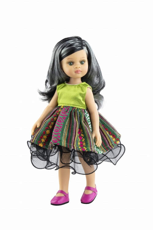Lalka Hiszpańska 32 cm Paola Reina Amigas 04531 Kechu, klasyczna, cała z winylu, zielone oczy, czarne włosy z białymi pasemkami, sukienka, majteczki, buciki