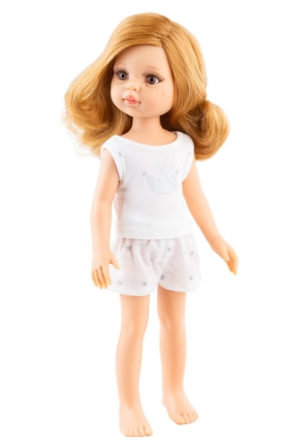 Lalka Hiszpańska 32 cm Paola Reina Amigas 13224 Noemi, klasyczna, cała z winylu, w piżamce, złotoblond włosy, brązowe oczy, piegi na buzi