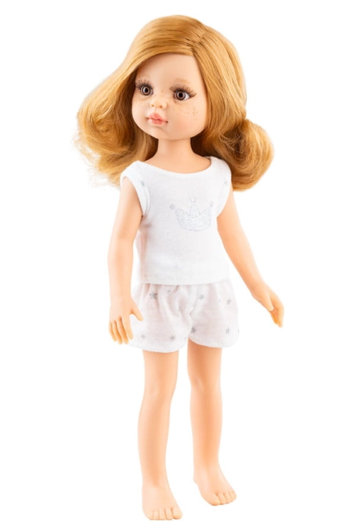 Lalka Hiszpańska 32 cm Paola Reina Amigas 13224 Noemi, klasyczna, cała z winylu, w piżamce, złotoblond włosy, brązowe oczy, piegi na buzi