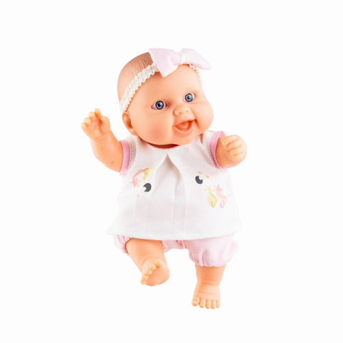 Lalka Hiszpańska 21 cm Paola Reina 00197 Peques, bobas cały z winylu, dziewczynka, opaska na glowę, sukienka, bufiaste spodenki