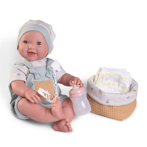 Lalka Hiszpańska 42 cm Antonio Juan 50415 Mia, bobas cały z winylu, dziewczynka, zamyka oczy, pije z buteleczki i robi siku, bez włosów, rzęsy, ubranko, smoczek, buteleczka, pieluszka pampers, koszyczek na akcesoria