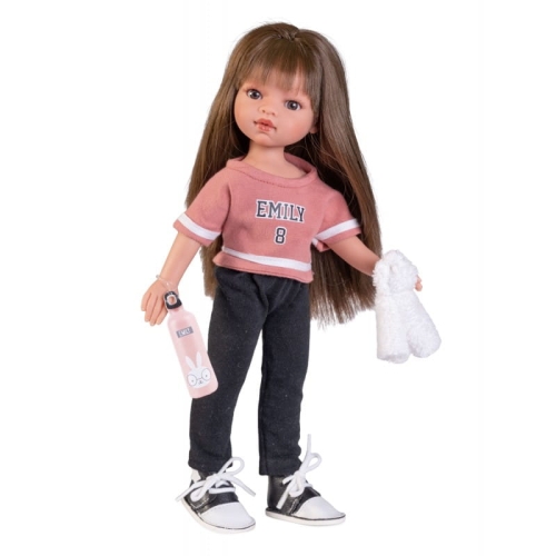Lalka Hiszpańska 33 cm Antonio Juan 25303 Emily, klasyczna, cała z winylu, w ubranku, brązowe włosy z grzywką, rzęsy, bidon z tekturki, ręczniczek