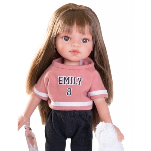 Lalka Hiszpańska 33 cm Antonio Juan 25303 Emily, klasyczna, cała z winylu, w ubranku, brązowe włosy z grzywką, rzęsy, bidon z tekturki, ręczniczek