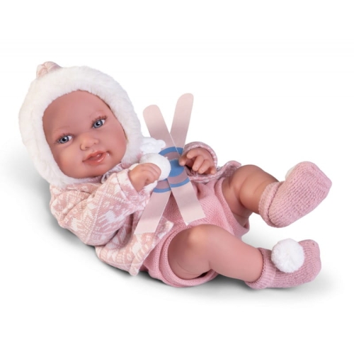 Lalka Hiszpańska 42 cm Antonio Juan 50406 Pipa narciarka, bobas cały z winylu, dziewczynka, bez włosów, rzęsy, imitacja śliny w kąciku ust, ubranko, smoczek, narty z tekturki