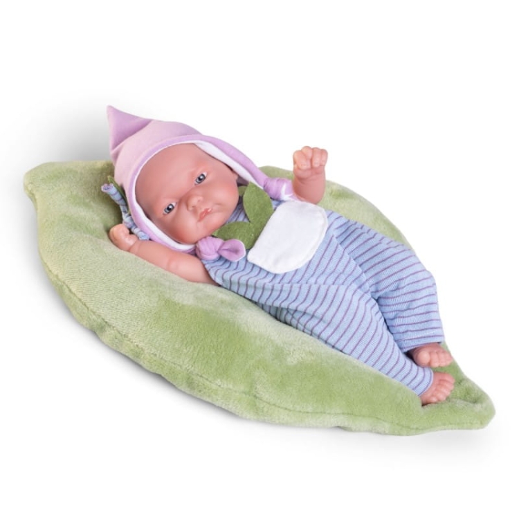 Lalka Hiszpańska 26 cm Antonio Juan 84095 Pitu, bobas cały z winylu, chłopiec, bez włosów, w ubranku, zielona poduszka w kształcie liścia