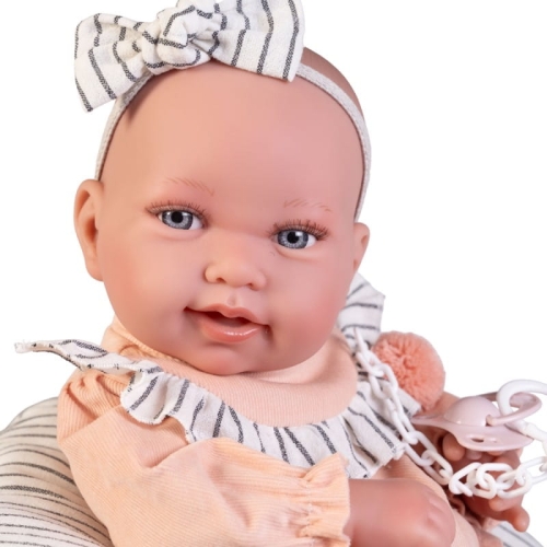 Lalka Hiszpańska 42 cm Antonio Juan 50412 Pipa, bobas cały z winylu, dziewczynka, bez włosów, rzęsy, imitacja śliny w kąciku ust, ubranko, smoczek, poduszka