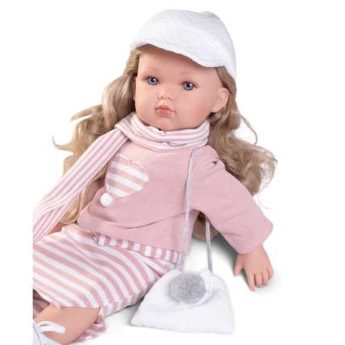 Lalka Hiszpańska 45 cm Antonio Juan 28328 Bella, lalka klasyczna, cała z winylu, gęste, długie do pasa lekko falowane blond włosy, siedzi i stoi samodzielnie, w ubranku