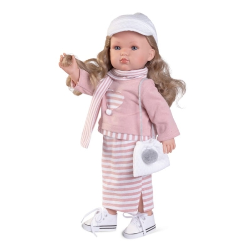 Lalka Hiszpańska 45 cm Antonio Juan 28328 Bella, lalka klasyczna, cała z winylu, gęste, długie do pasa lekko falowane blond włosy, siedzi i stoi samodzielnie, w ubranku