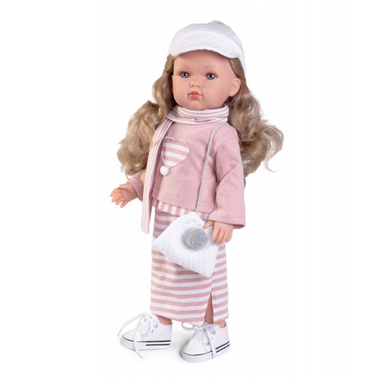 Lalka Hiszpańska 45 cm Antonio Juan 28328 Bella, lalka klasyczna, cała z winylu, gęste, długie do pasa lekko falowane blond włosy, siedzi i stoi samodzielnie, w ubranku
