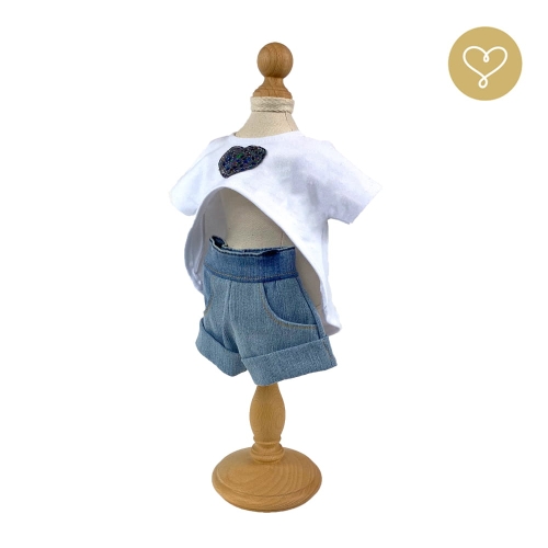 Biała bluzka z serduszkiem i jeansowe szorty dla lalki 38 cm Lullu Dolls