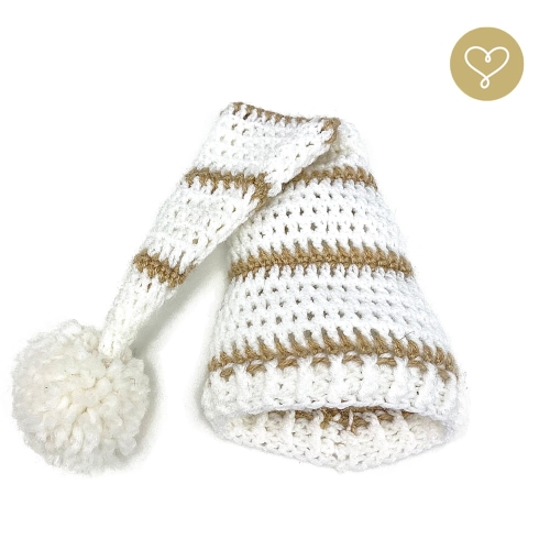 Czapka wełniana biała z pomponem dla lalki 38 cm Lullu Dolls, w beżowe paseczki