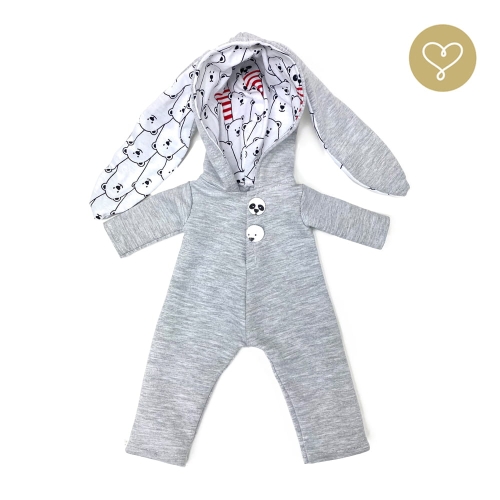 Kombinezon Królik dla lalki 38 cm Lullu Dolls szary z kapturem i uszami królika