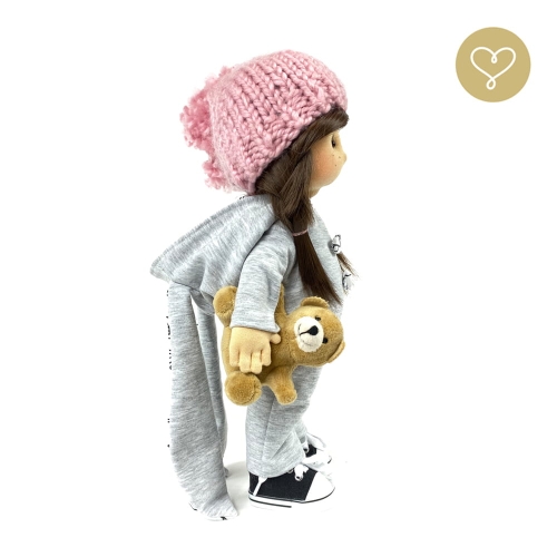 Kombinezon Królik dla lalki 38 cm Lullu Dolls szary z kapturem i uszami królika