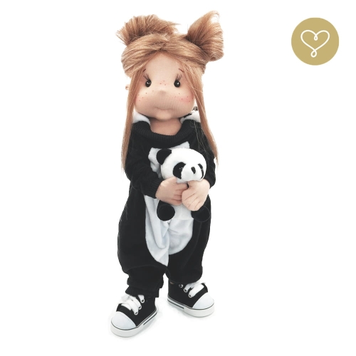Kombinezon Panda z kapturem dla lalki 38 cm Lullu Dolls, pluszowy, czarny z białymi elementami