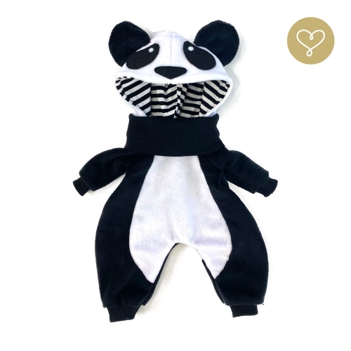 Kombinezon Panda z kapturem dla lalki 38 cm Lullu Dolls, pluszowy, czarny z białymi elementami