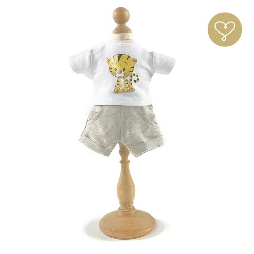Koszulka biała z aplikacją Tygryska krótki rękaw i kremowe szorty dla lalki 38 cm Lullu Dolls