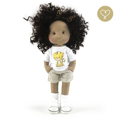 Koszulka biała z aplikacją Tygryska krótki rękaw i kremowe szorty dla lalki 38 cm Lullu Dolls
