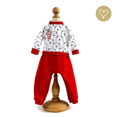 Piżama dla lalki 38 cm Lullu Dolls, czerwone, długie spodnie, biała bluzka w misie z długimi rękawami