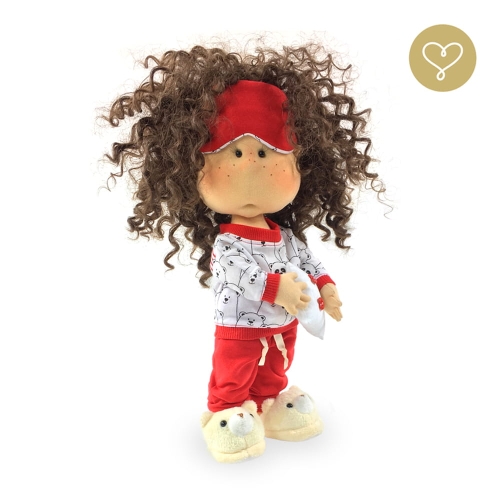 Piżama dla lalki 38 cm Lullu Dolls, czerwone, długie spodnie, biała bluzka w misie z długimi rękawami