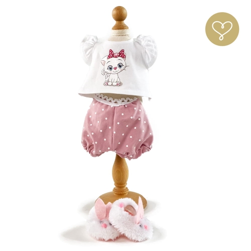 Piżama 2 dla lalki 38 cm Lullu Dolls, biała koszulka z aplikacją kotka krótki rękaw, krótkie różowe spodenki w groszki, kapcie Króliczki