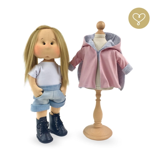 Płaszczyk z kapturem z uszami królika dla lalki 38 cm Lullu Dolls, różowy z elementami szarego
