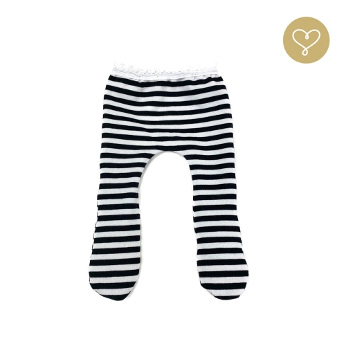 Rajstopy dla lalki 38 cm Lullu Dolls uszyte z bawełny, białe w czarne paseczki, wykończone gumokoronką