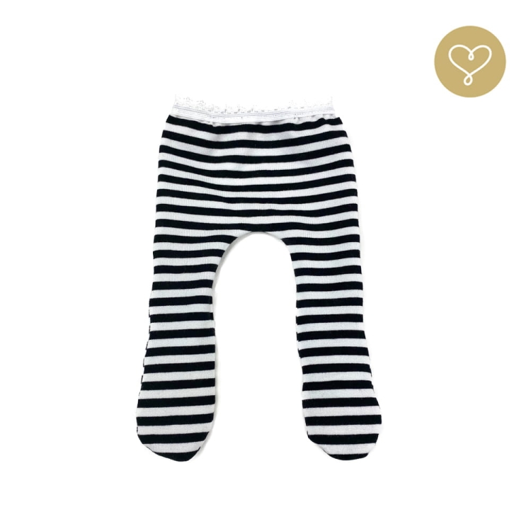 Rajstopy dla lalki 38 cm Lullu Dolls uszyte z bawełny, białe w czarne paseczki, wykończone gumokoronką