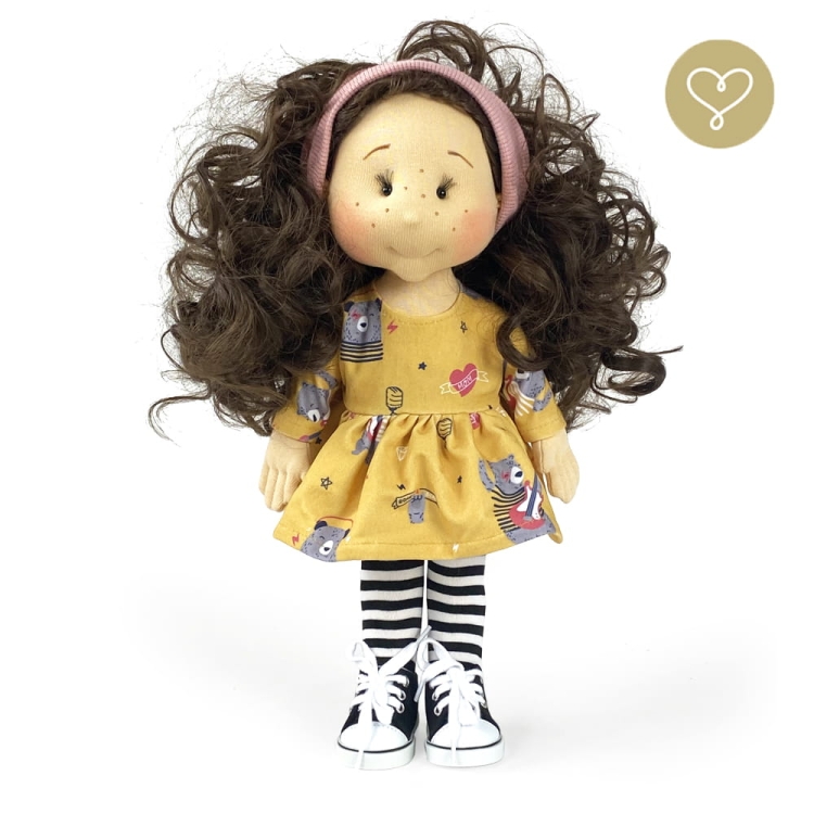 Rajstopy dla lalki 38 cm Lullu Dolls uszyte z bawełny, białe w czarne paseczki, wykończone gumokoronką