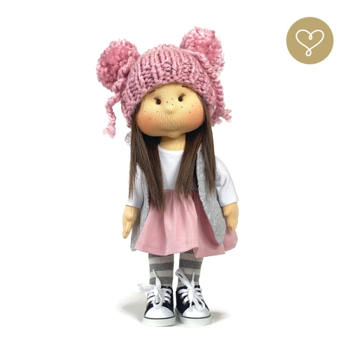 Rajstopy 2 dla lalki 38 cm Lullu Dolls uszyte z bawełny, szare w białe paseczki, wykończone gumokoronką