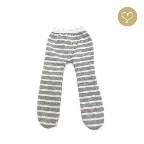 Rajstopy 2 dla lalki 38 cm Lullu Dolls uszyte z bawełny, szare w białe paseczki, wykończone gumokoronką