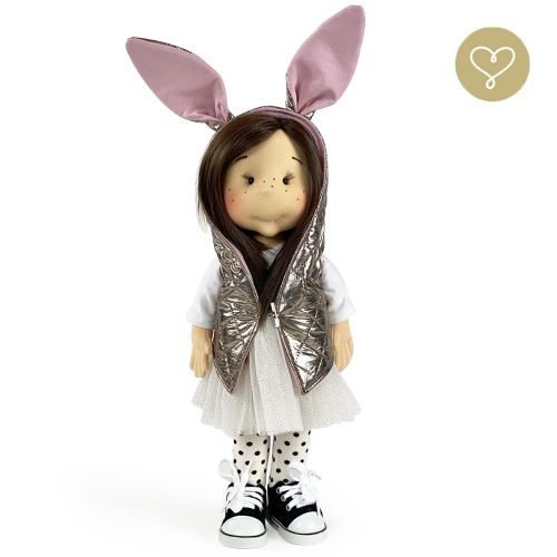 Rajstopy 5 dla lalki 38 cm Lullu Dolls uszyte z bawełny, białe w czarne kropeczki, wykończone gumokoronką