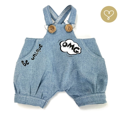 Spodnie jeansowe ogrodniczki na szelkach dla lalki 38 cm Lullu Dolls, aplikacje z napisem OMG i Be Unique