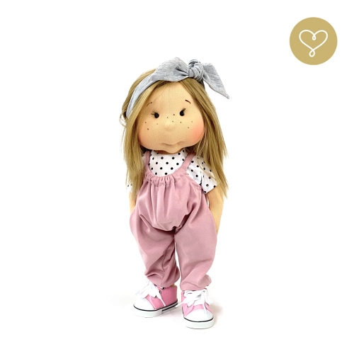 Różowe spodnie kombinezon i biała koszulka z krotkim rękawem dla lalki 38 cm Lullu Dolls