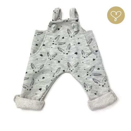 Szare dresowe spodnie ogrodniczki Nina dla lalki 38 cm Lullu Dolls wzór w zajączki