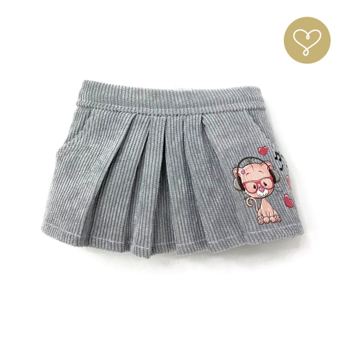 Szara spódnica sztruksowa z kieszeniami i aplikacją kotka dla lalki 38 cm Lullu Dolls