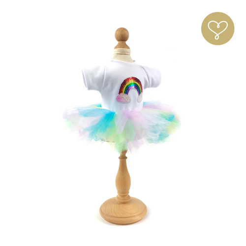 Spódnica tiulowa tęczowa i biała koszulka z tęczą dla lalki 38 cm Lullu Dolls