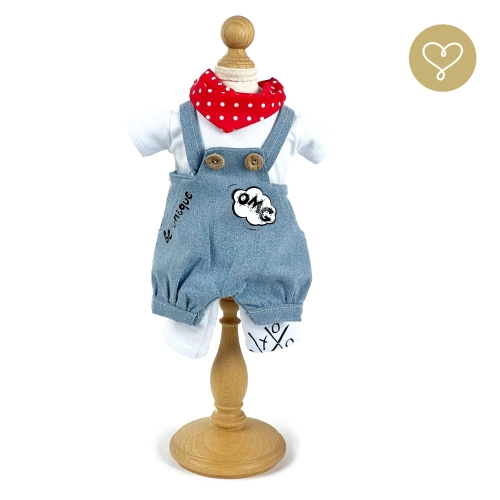 Strój Andzia dla lalki 38 cm Lullu Dolls czerwona w białe groszki apaszka, biała koszulka, spodnie ogrodniczki 3/4, getry nie od pary