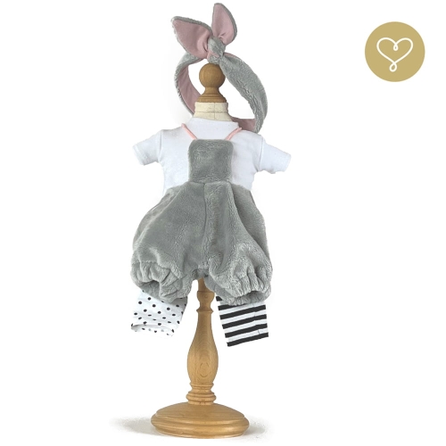 Strój Jola dla lalki 38 cm Lullu Dolls pluszowa opaska na głowę, biała koszulka, pluszowe szare ogrodniczki, getry nie od pary