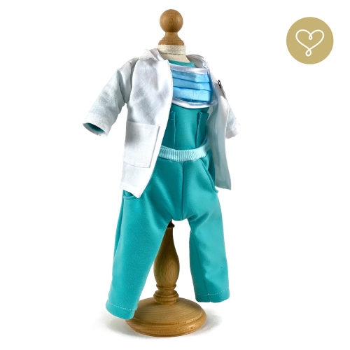 Strój Lekarz dla lalki 38 cm Lullu Dolls biały fartuch, zielone spodnie i koszula z długim rękawem, maseczka