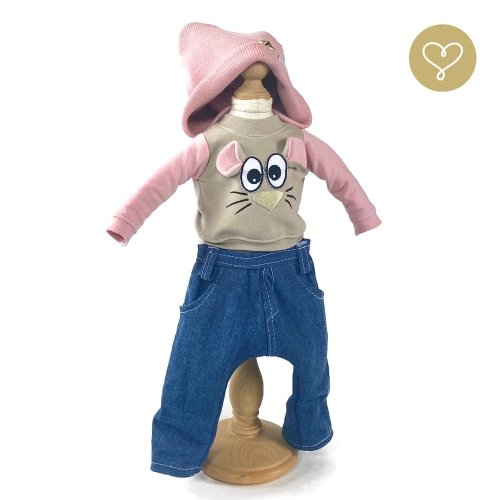 Strój Myszka 2 dla lalki 38 cm Lullu Dolls różowa czapka beanie, bluzka z aplikacja myszki długi rękaw, jeansowe spodnie slouchy z kieszeniami