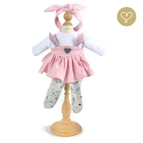 Strój Zajączek dla lalki 38 cm Lullu Dolls biała bluzka długi rękaw, różowa sukienka na ramiączkach z serduszkiem i zajęczymi uszkami, różowa opaska na głowę, szare skarpetki w zajączki