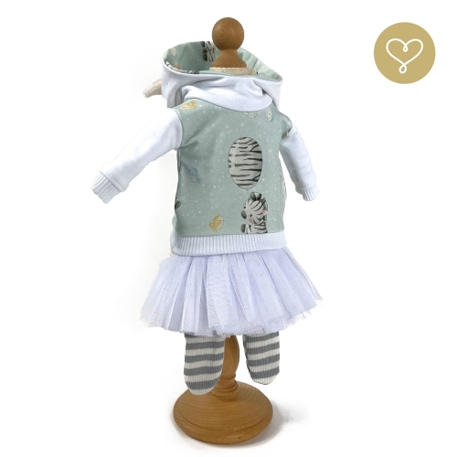 Strój Zebra dla lalki 38 cm Lullu Dolls bluza z kapturem i uszkami, biała tiulowa spódniczka, skarpetki białe w szare paseczki