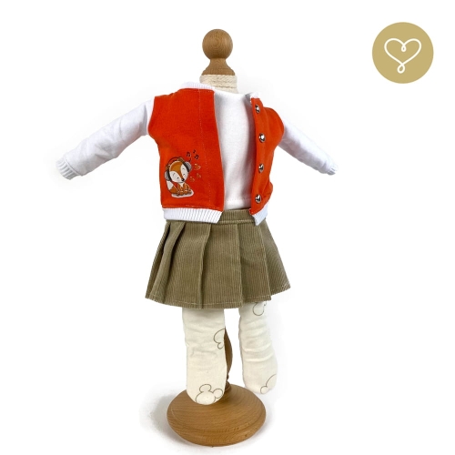 Strój Z Liskiem dla lalki 38 cm Lullu Dolls biała koszulka krótki rękaw, bluza biało-czerwona rozpinana długi rękaw, beżowa sztruksowa spódniczka, skarpetki w myszki