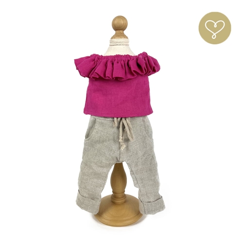 Strój Carmen dla lalki 38 cm Lullu Dolls lniana fuksjowa bluzka "hiszpanka", beżowe lniane spodnie z kieszeniami