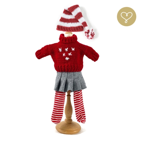 Strój Gwiazdka dla lalki 38 cm Lullu Dolls czapka wełniana w czerwono-białe pasy z pomponem, czerwony sweterek, szara spódniczka, rajstopki w biało-czerwone paski