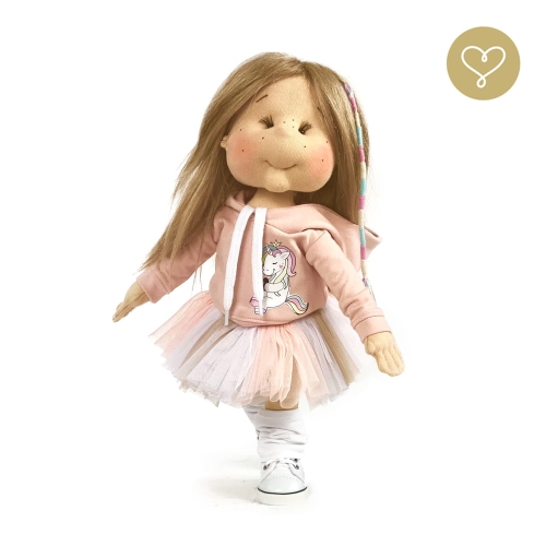 Strój Jednorożec dla lalki 38 cm Lullu Dolls bluza z kapturem, kolor pudrowy róż, na kapturze srebrny materiałowy róg, aplikacja jednorożca, tiulowa spódniczka Tutu wielokolorowa