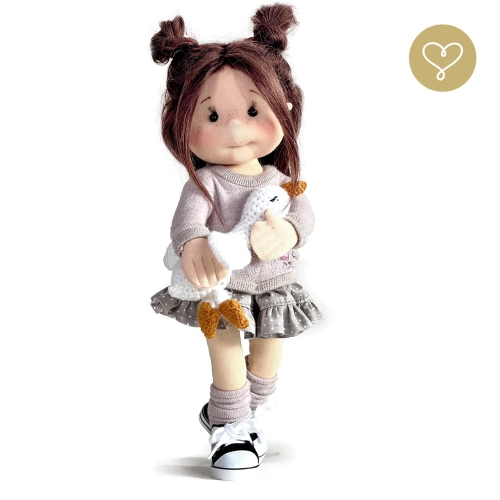Strój Jesienny dla lalki 38 cm Lullu Dolls jasnowrzosowy sweterek z aplikacją sowy, bawełniana beżowa spódniczka w kropeczki