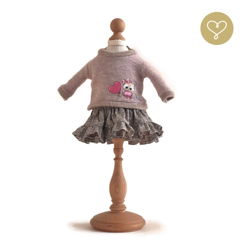 Strój Jesienny dla lalki 38 cm Lullu Dolls jasnowrzosowy sweterek z aplikacją sowy, bawełniana beżowa spódniczka w kropeczki