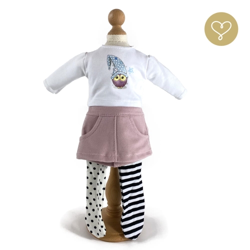 Strój Gosia dla lalki 38 cm Lullu Dolls biała koszulka z aplikacją sowy długi rękaw, różowa spódniczka, białe rajstopki: jedna nogawka w kropki, druga nogawka w paski