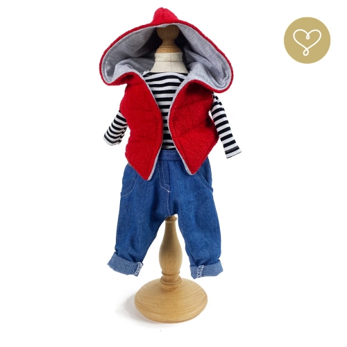 Strój Mania dla lalki 38 cm Lullu Dolls czerwono-szary bezrękawnik z kapturem, koszulka z długim rękawem w czarno-białe paski, spodnie slouchy